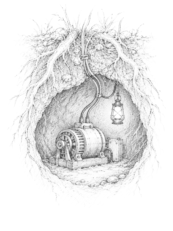 Graphite field sketch of a burrow cell cut into soil and roots, holding a small generator on a wooden base, a hanging lantern and cables up into the roots.