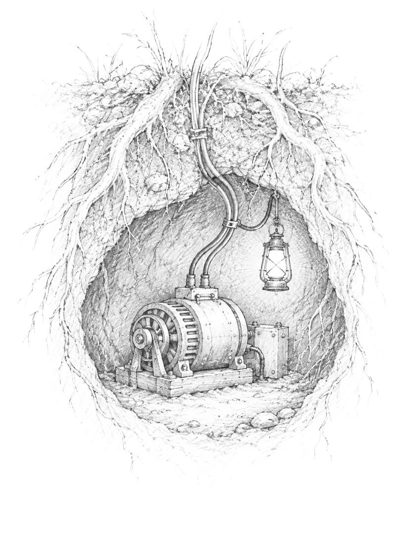 Graphite field sketch of a burrow cell cut into soil and roots, holding a small generator on a wooden base, a hanging lantern and cables up into the roots.