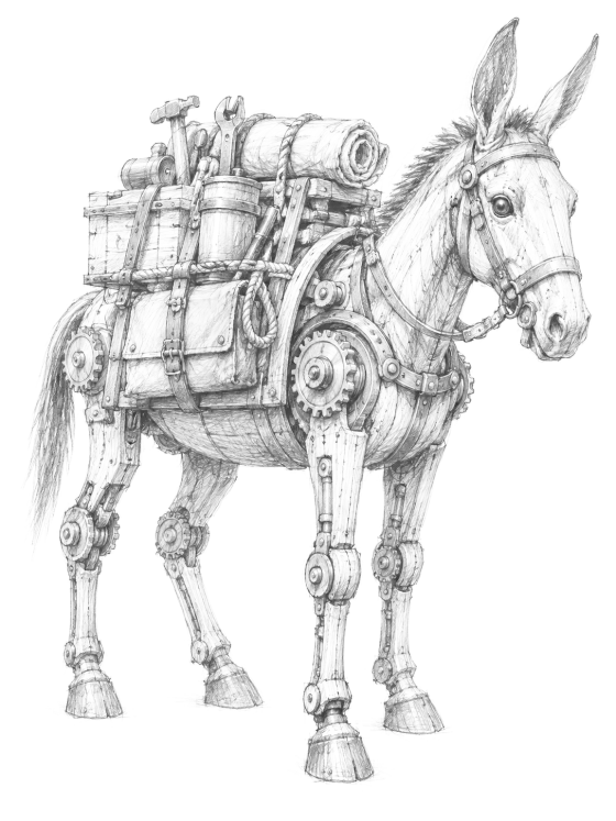 Graphite field sketch of a pack mule built from wooden limbs and gear joints, carrying strapped bundles of tools.