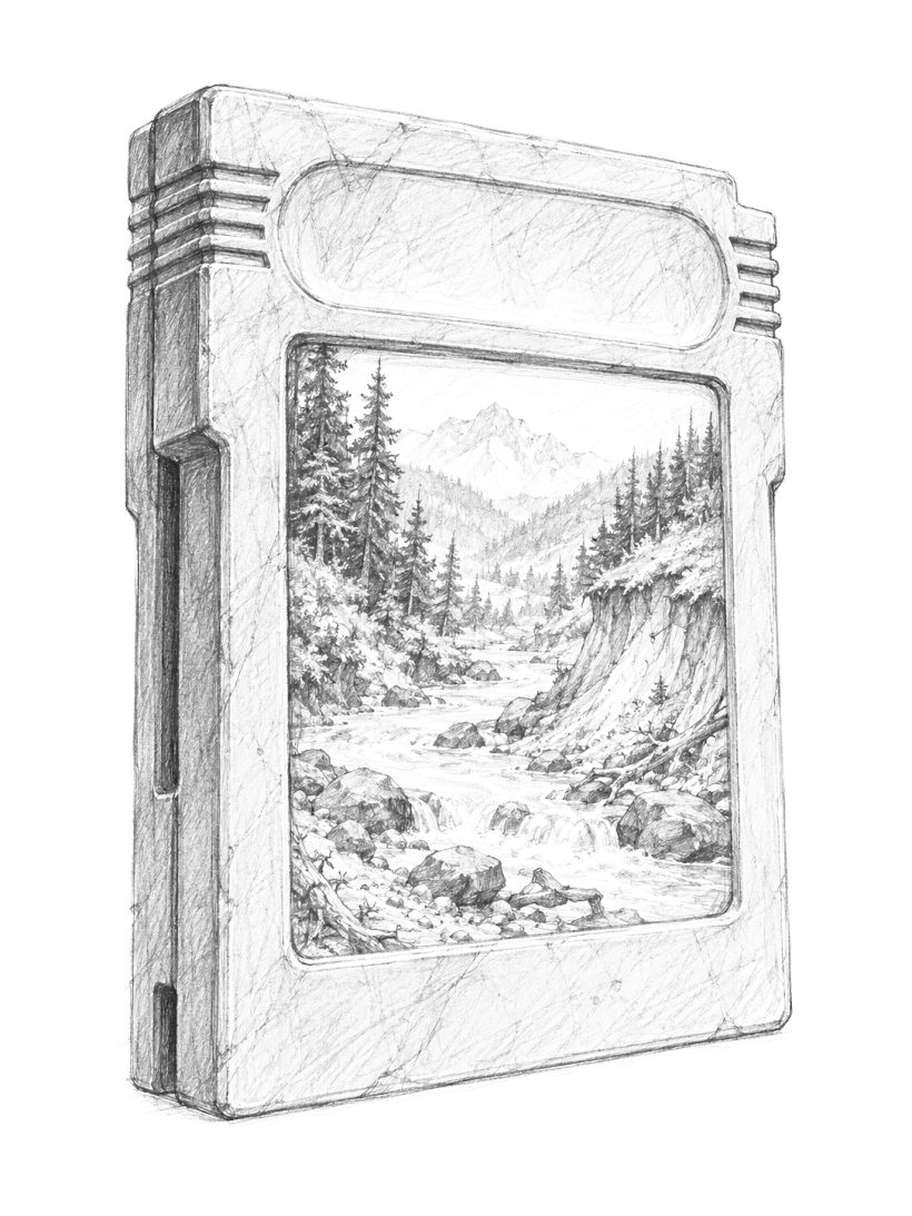 Graphite field sketch of a game cartridge whose label window opens onto a river valley with pines, eroding banks and distant mountains.