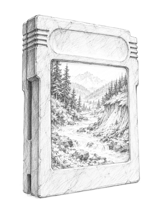 Graphite field sketch of a game cartridge whose label window opens onto a river valley with pines, eroding banks and distant mountains.