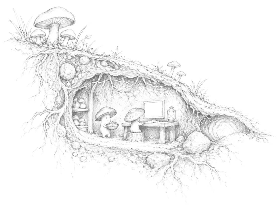 Graphite field sketch of a mushroom colony in an earthen burrow, with a small computer desk and mushroom people at work.