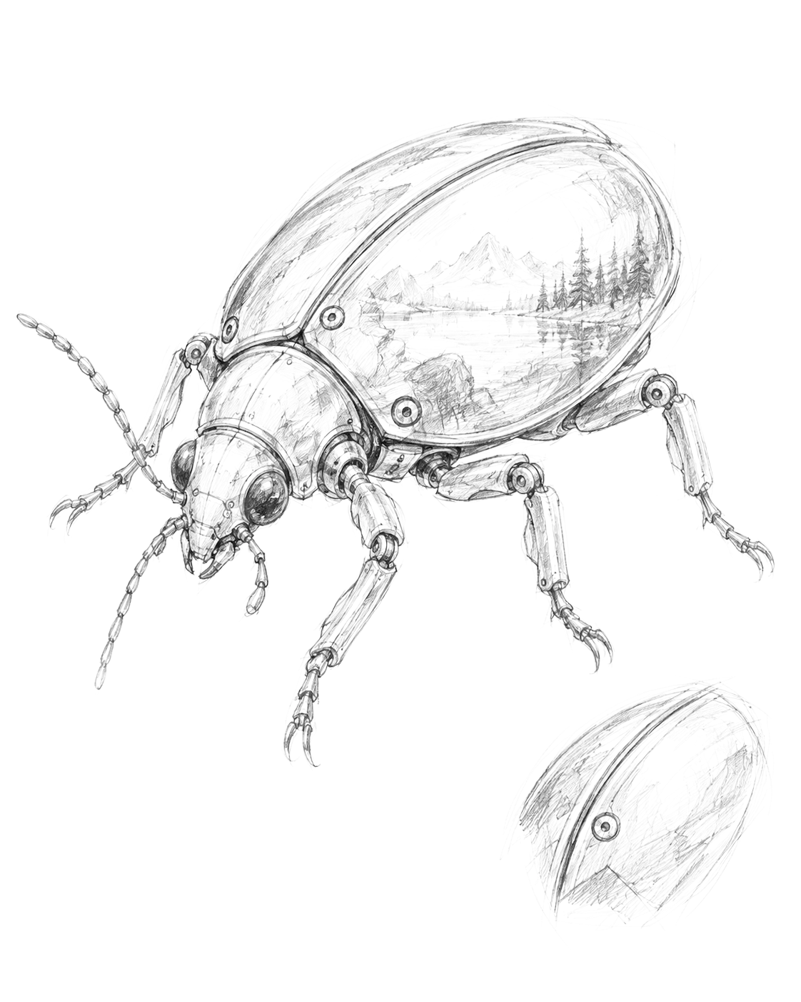 Graphite field sketch of a mechanical beetle familiar with a landscape inside its shell, plus a shell-fragment study.
