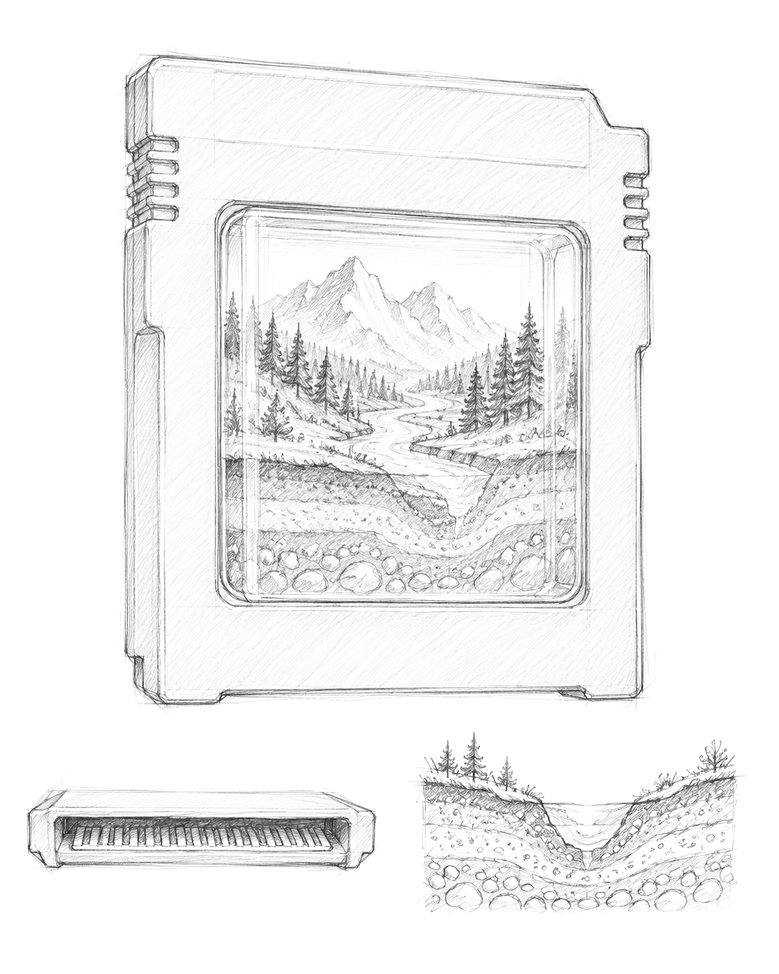Graphite field sketch of a game cartridge with a miniature watershed inside, plus cutaway and edge-connector studies.